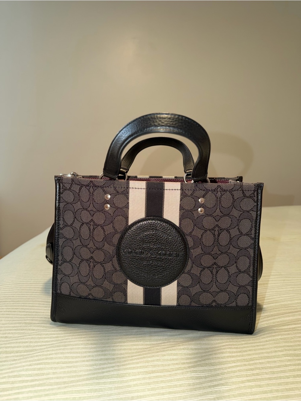 Coach Midnight Signature Stripe Satchel - Black/Grey/Cream. Burgundy inside